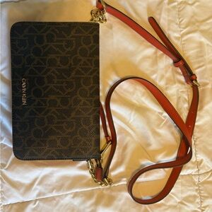 Calvin Klein Brown Logo Crossbody with Orange Strap